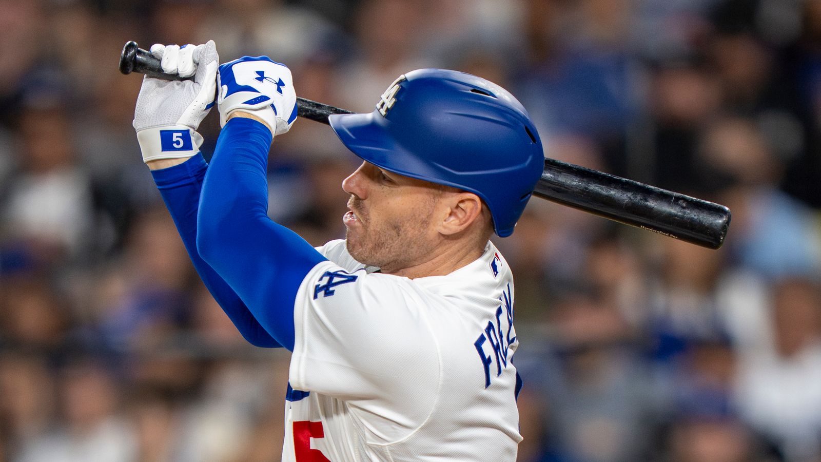 Freddie Freeman hits a foul ball in Dodgers game