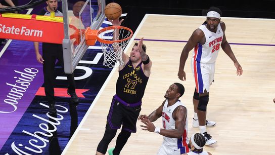 Luka Doncic driving the lane against the Pistons, December 30, 2025, LA.