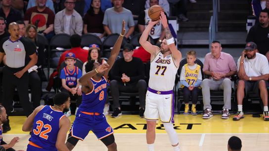 Luka Doncic shooting against the Knicks, March 8, 2026, Los Angeles, CA.