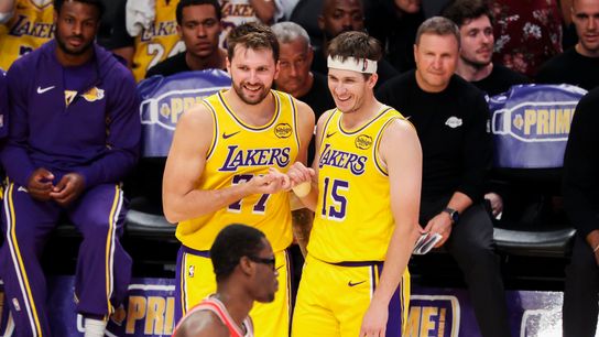 Luka Dončić and Austin Reaves share a moment, Los Angeles, Mar 12, 2026
