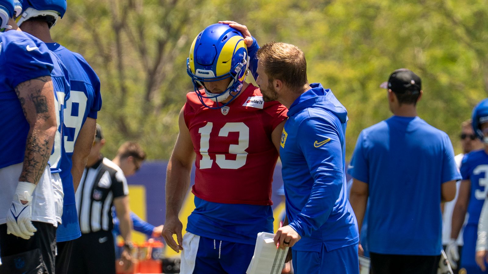 Stetson Bennett and Sean McVay discuss play at Rams OTA, June 2, 2026