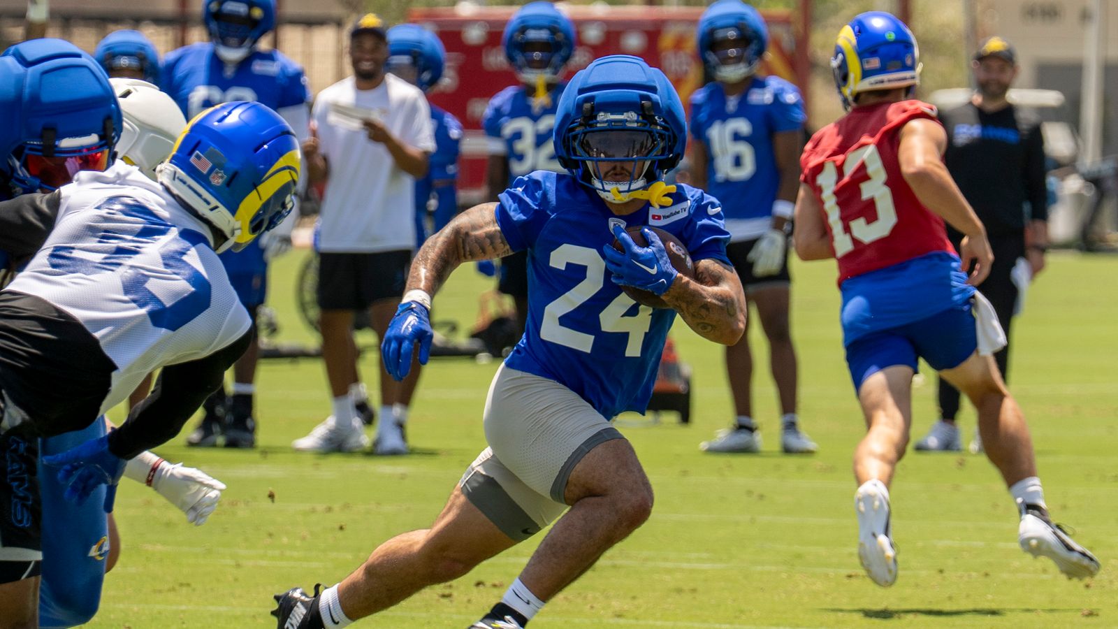 Blake Corum runs outside during Rams OTA, June 2, 2026