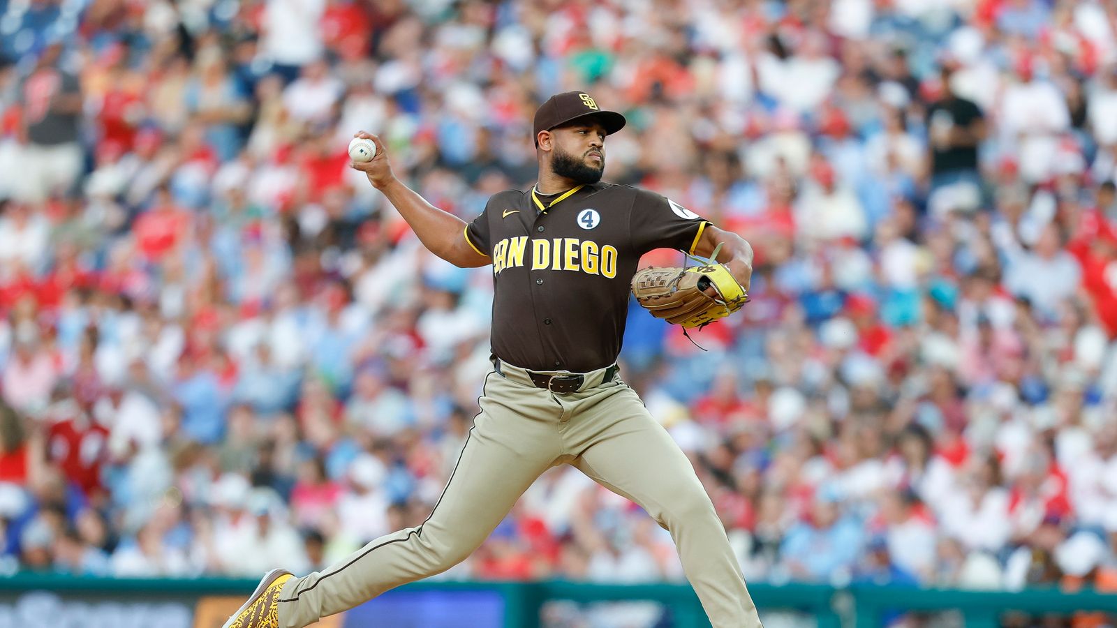 Randy Vasquez of Padres pitching at Citizens Bank Park, June 2026