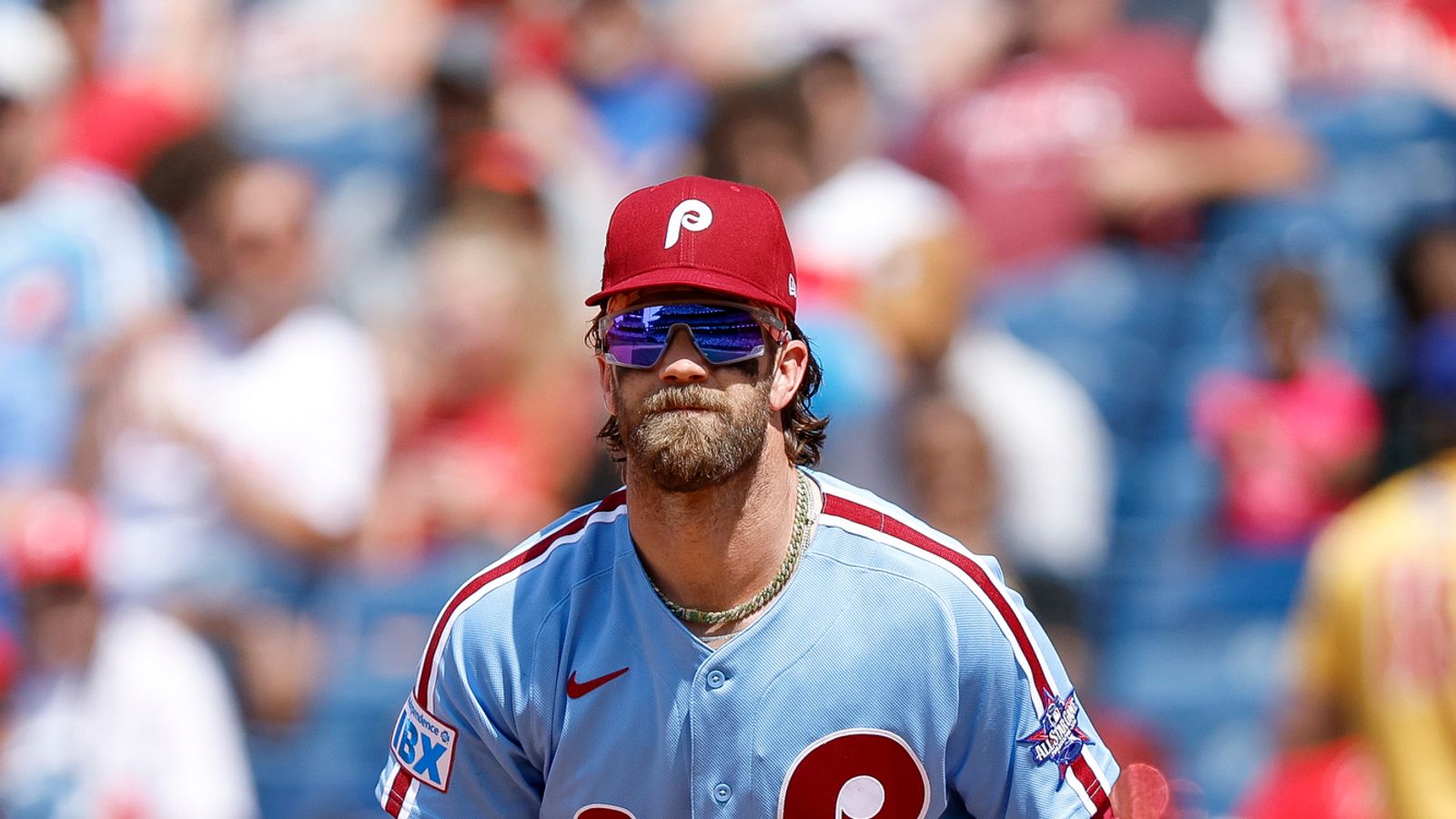 Bryce Harper in defensive stance at Citizens Bank Park, 2026