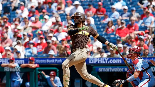 Fernando Tatis Jr. swings against the Phillies, June 2026
