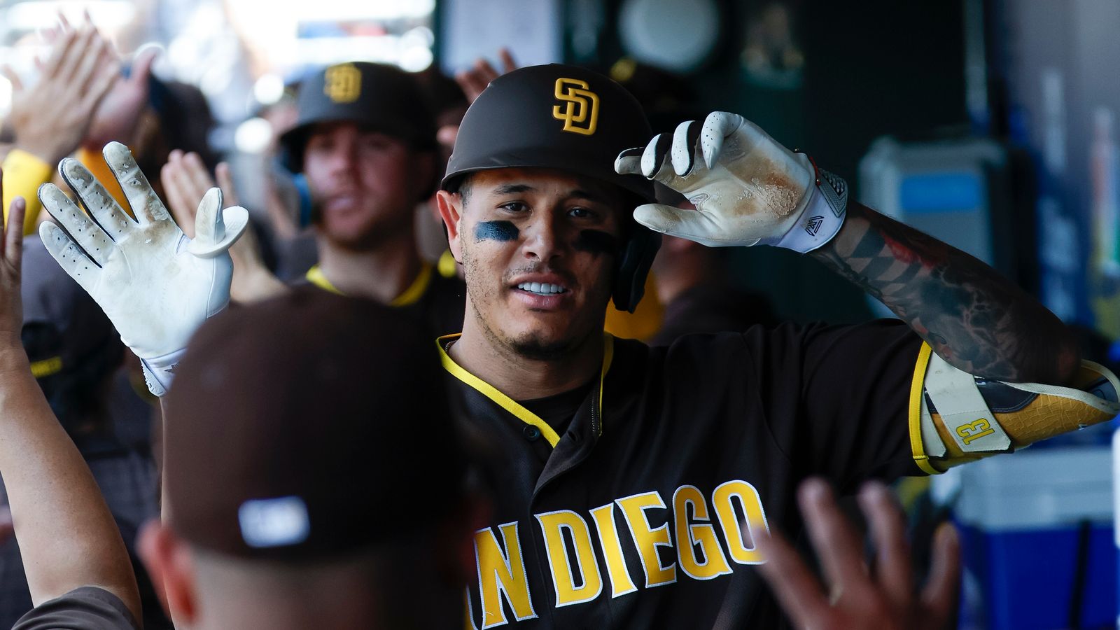 Manny Machado celebrates a home run at Citizens Bank Park, 2026