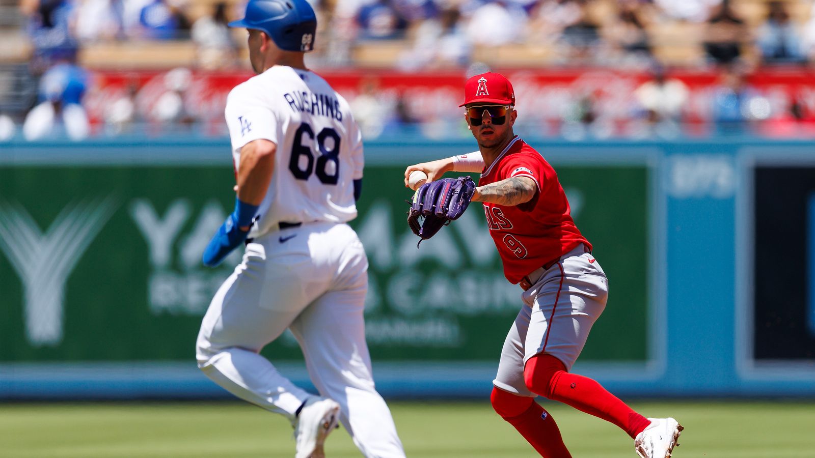 Zach Neto throws during the game at Dodger Stadium, June 7, 2026