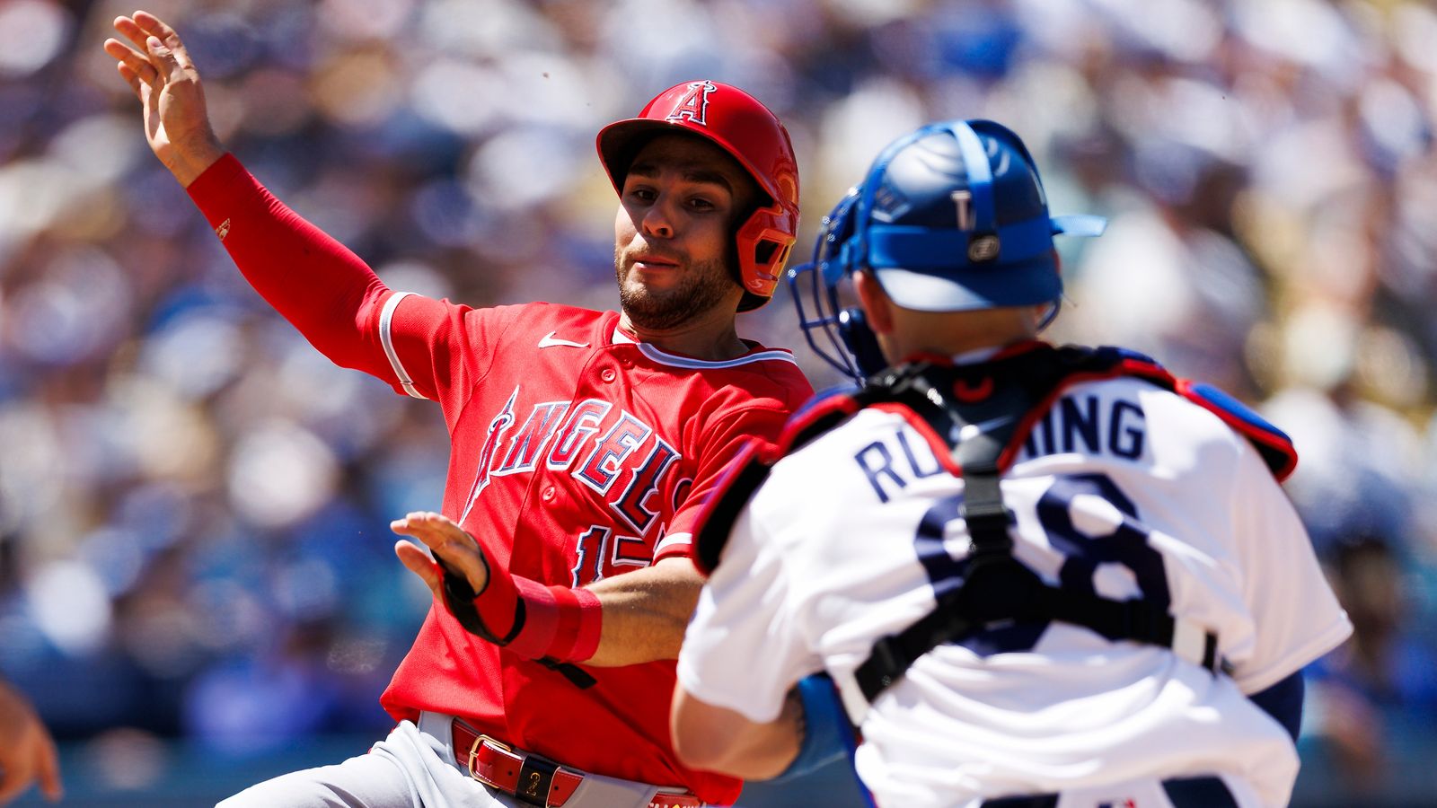 Dalton Rushing tags Nick Madrigal at Dodger Stadium, June 7, 2026