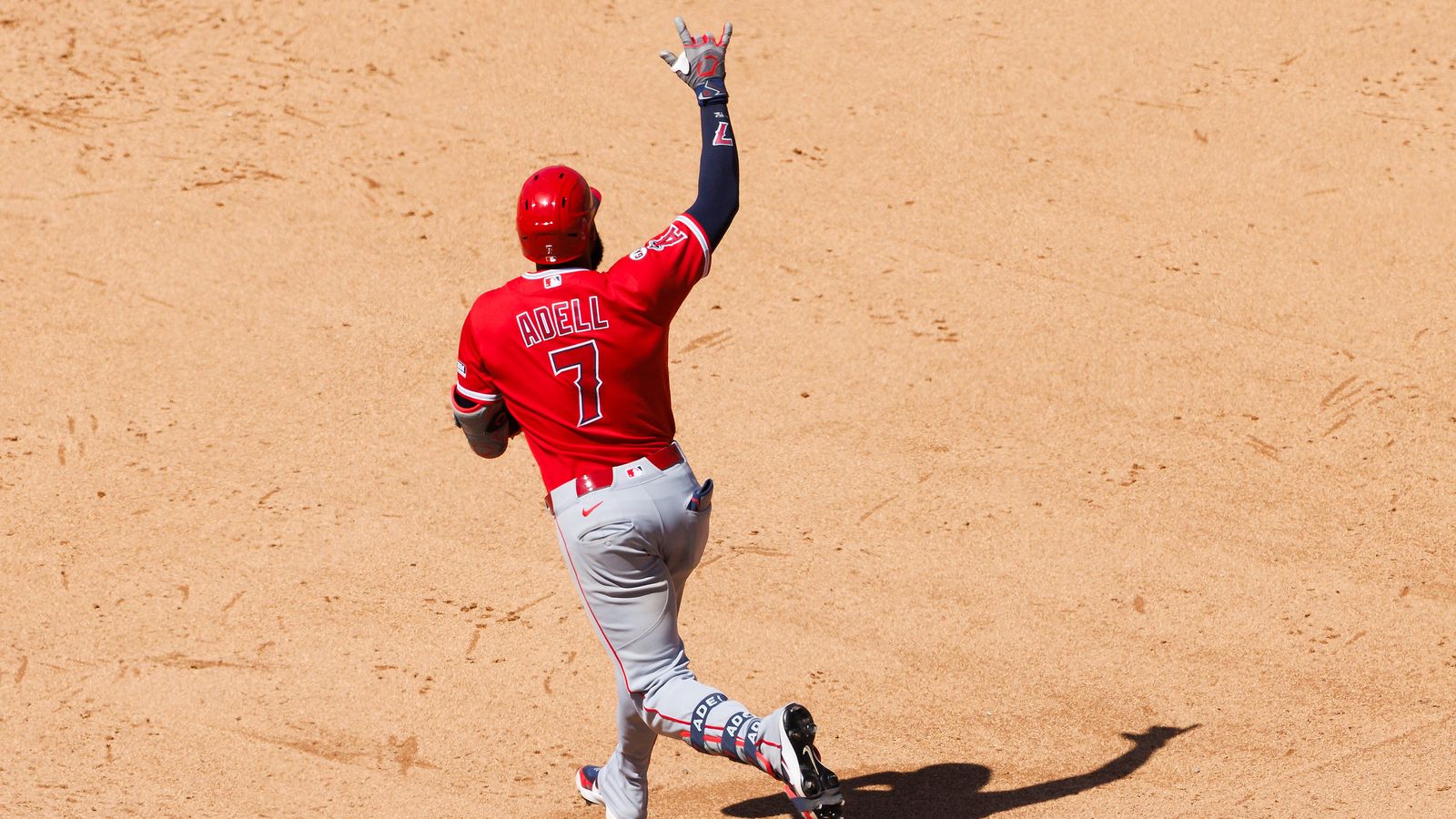 Jo Adell celebrates a home run at Dodger Stadium, June 7, 2026