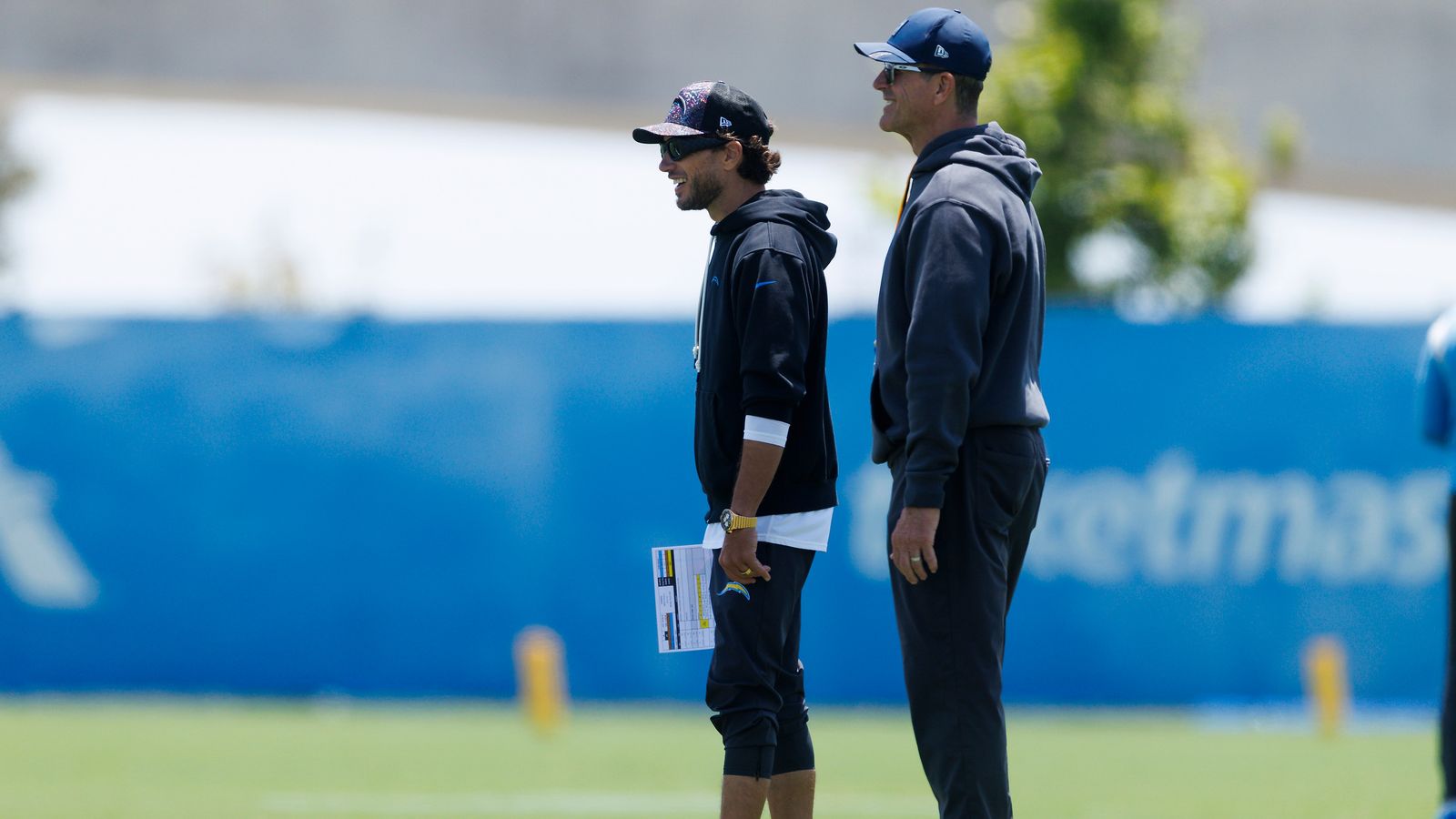 Mike McDaniels and Jim Harbaugh Watch Chargers OTA, El Segundo