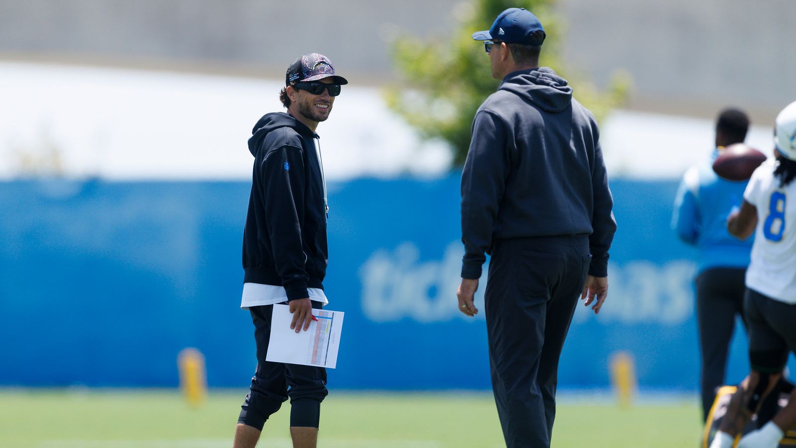 Coaches McDaniels and Harbaugh Discussing at Chargers OTA