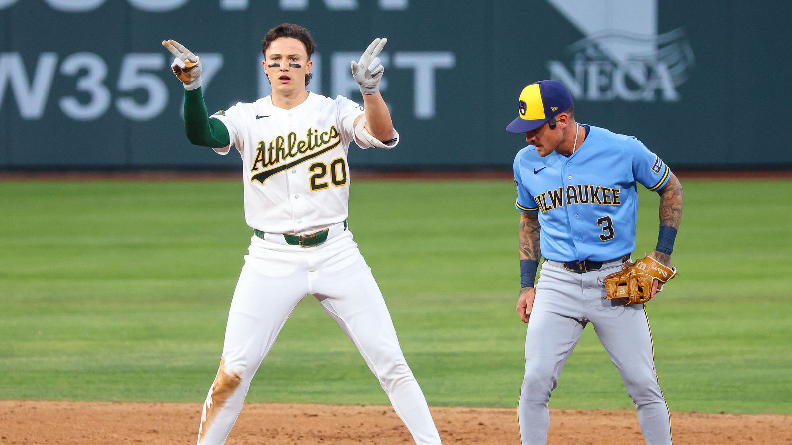 Zack Gelof looks to dugout after hitting a double.