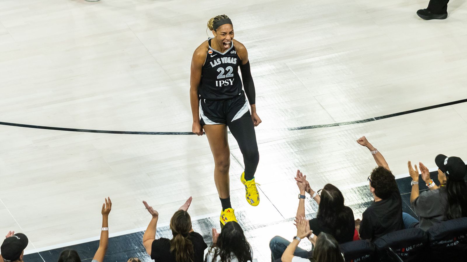 A'ja Wilson celebrates scoring an and-one basket, Las Vegas vs. Seattle