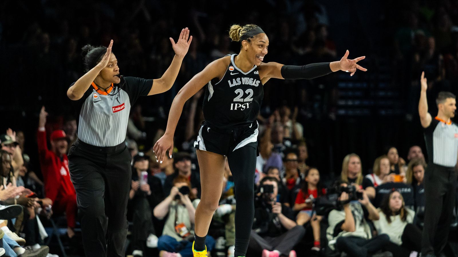 A'ja Wilson celebrates a three-pointer, Las Vegas vs. Seattle