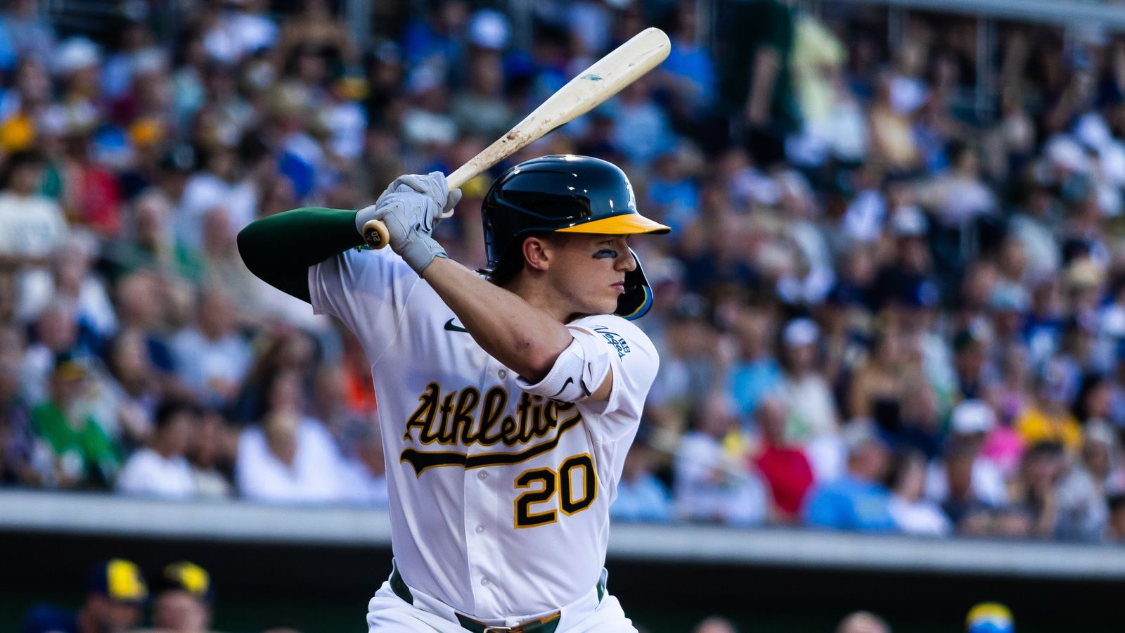 Zack Gelof at bat in Athletics vs Brewers showdown