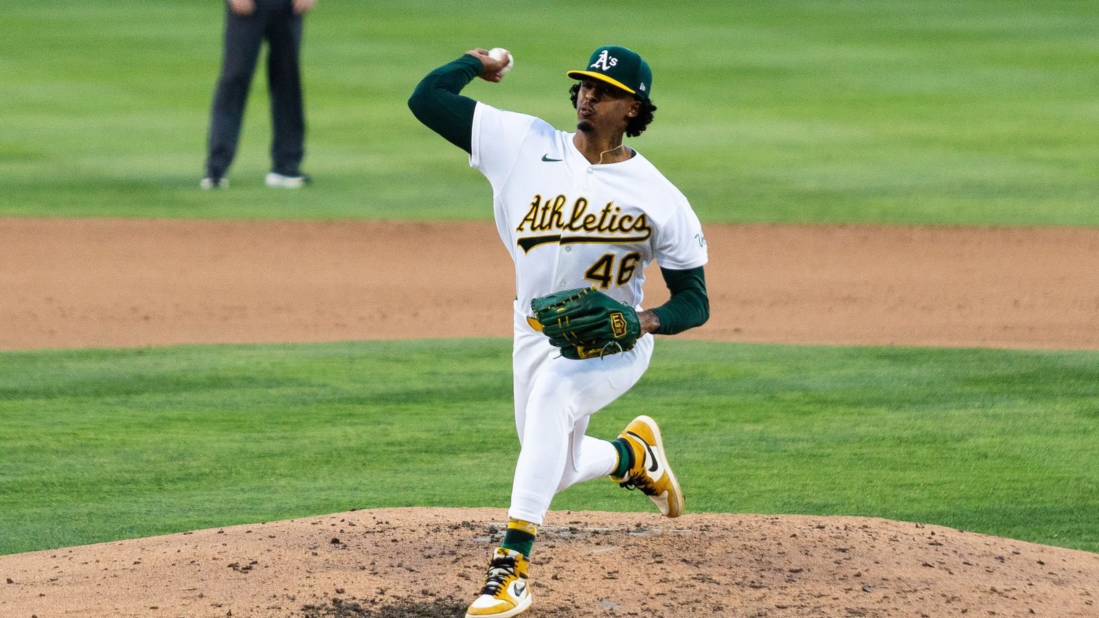 Luis Medina pitching moment in Athletics vs Brewers game