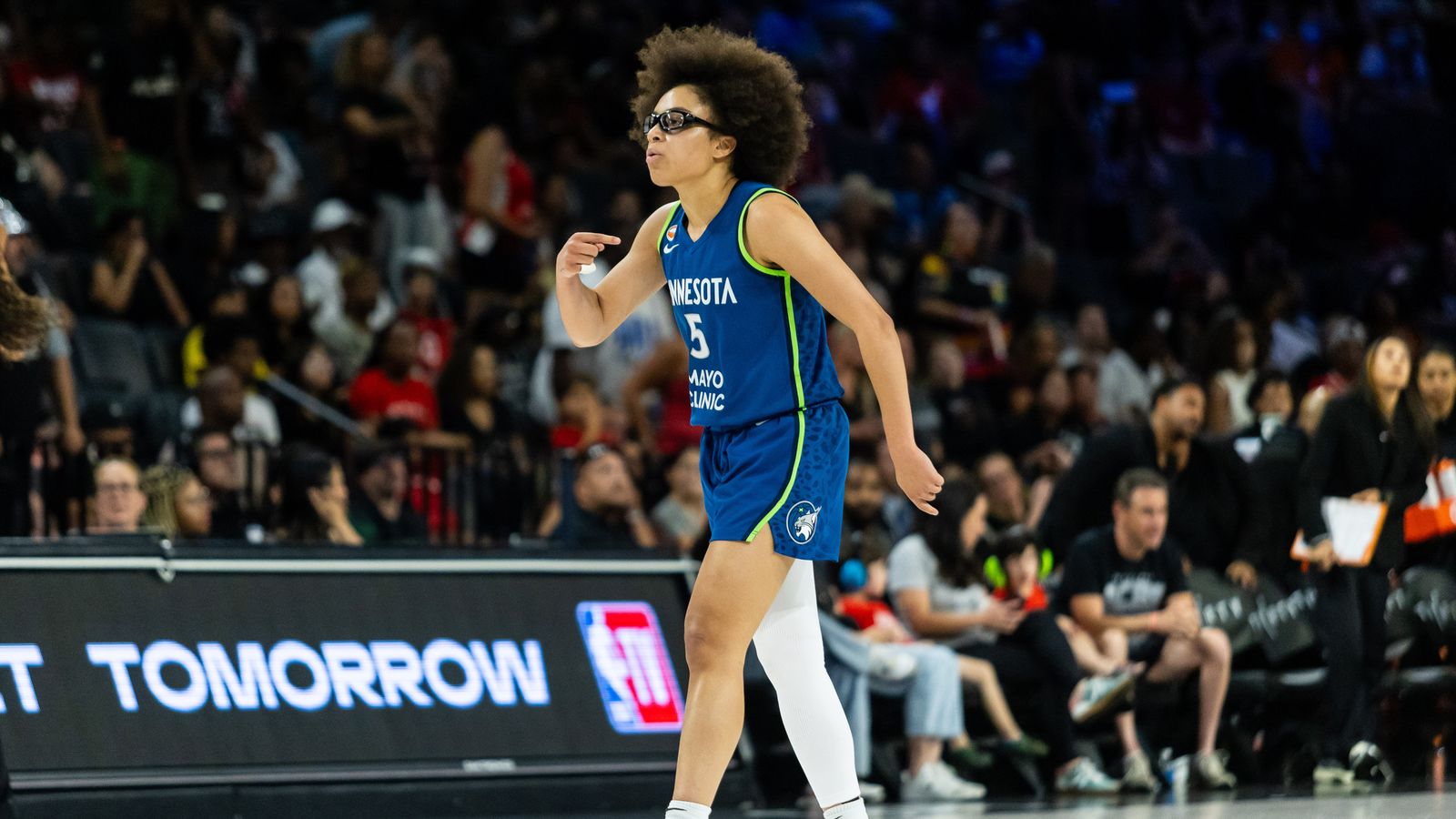 Olivia Miles celebrates a three-pointer against the Aces