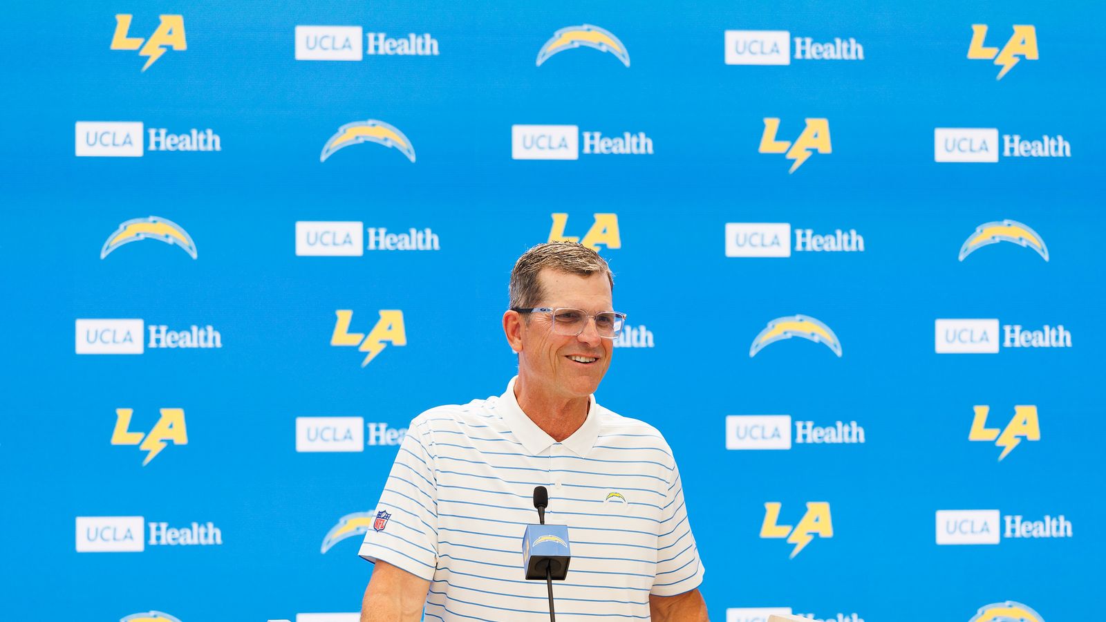 Jim Harbaugh addresses the media at Chargers' minicamp