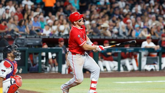 Mike Trout celebrates his home run at Chase Field