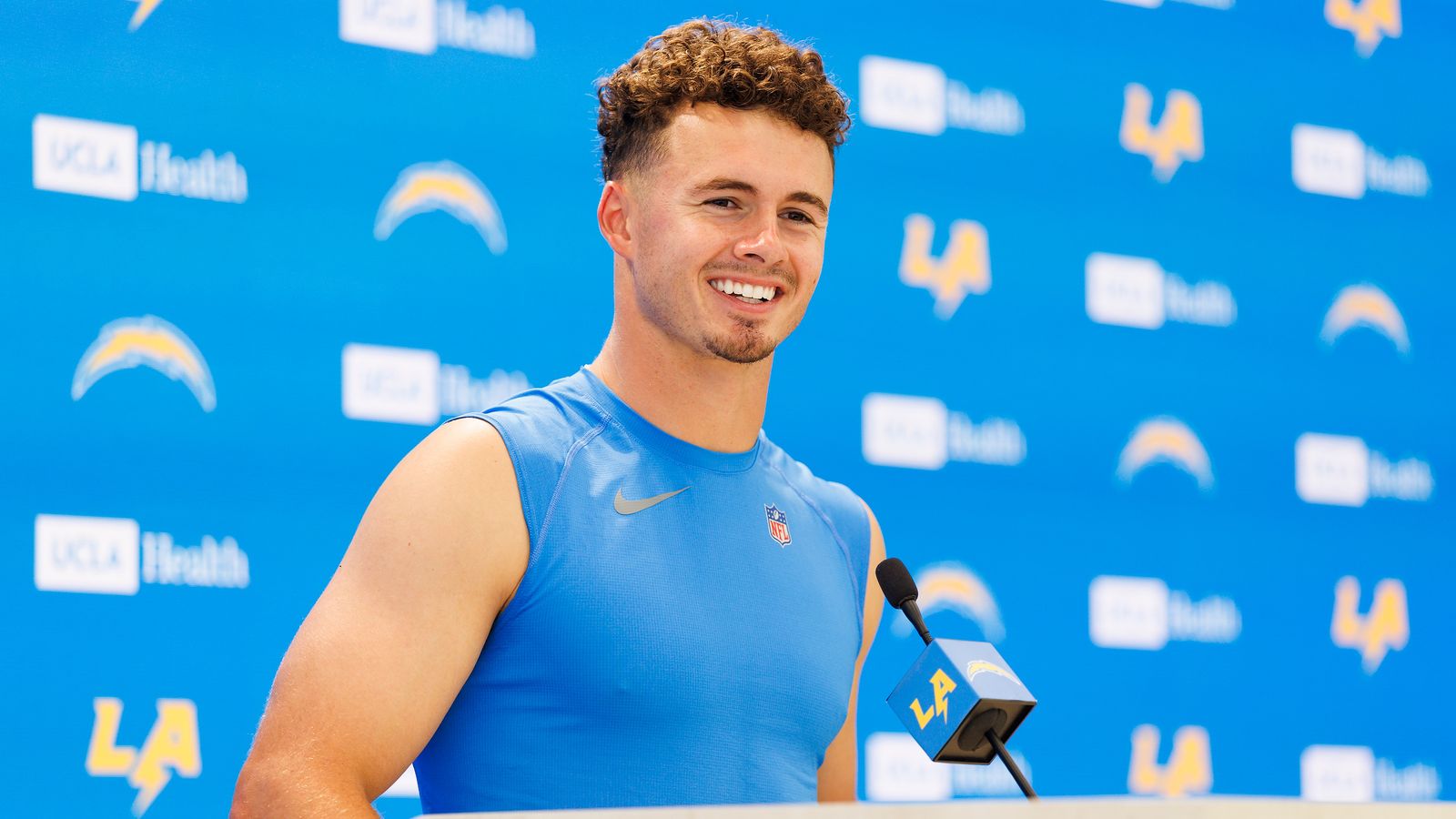 Ladd McConkey talks to the press post-minicamp