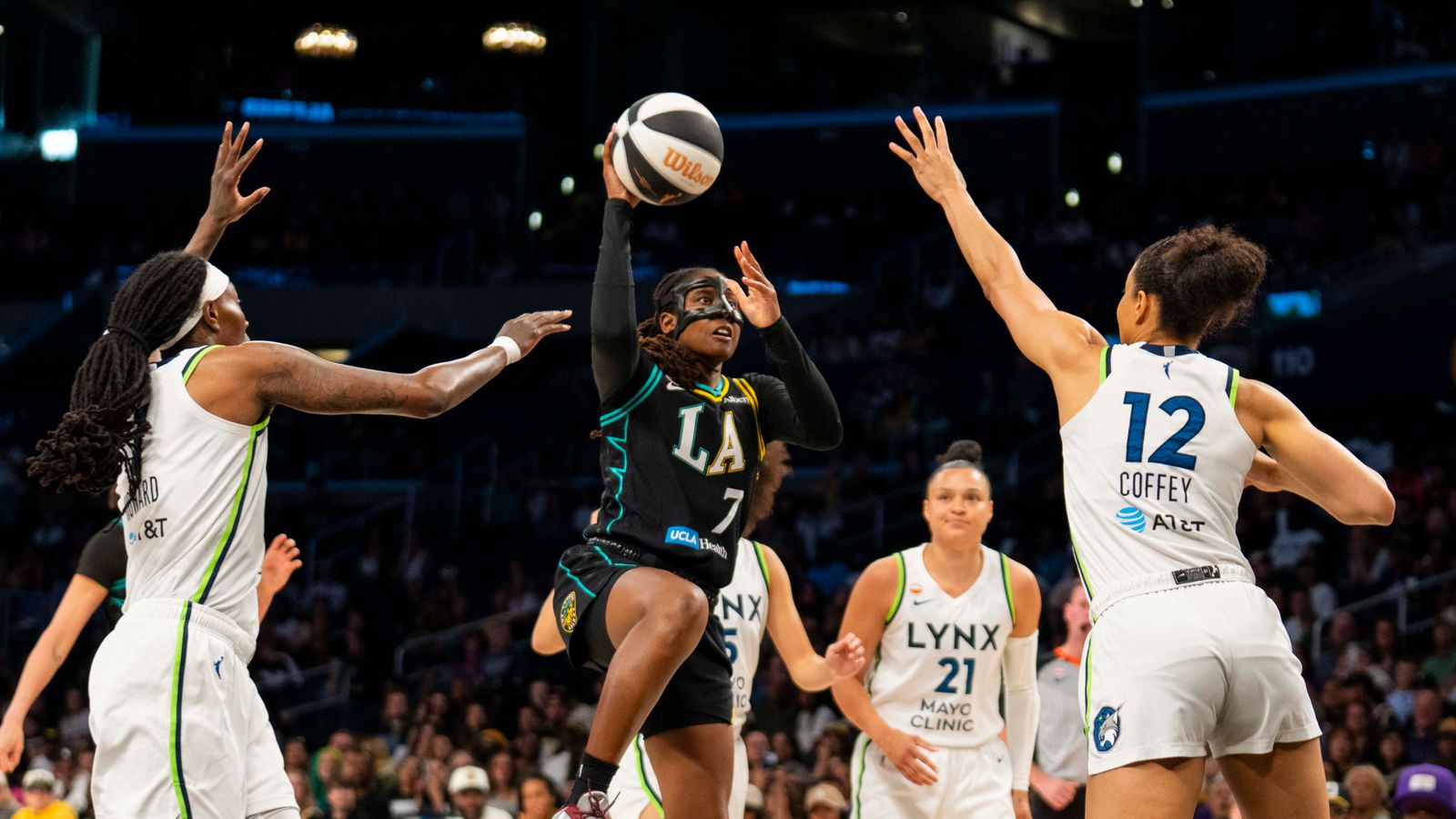 Ariel Atkins shoots a floater in the game against the Lynx