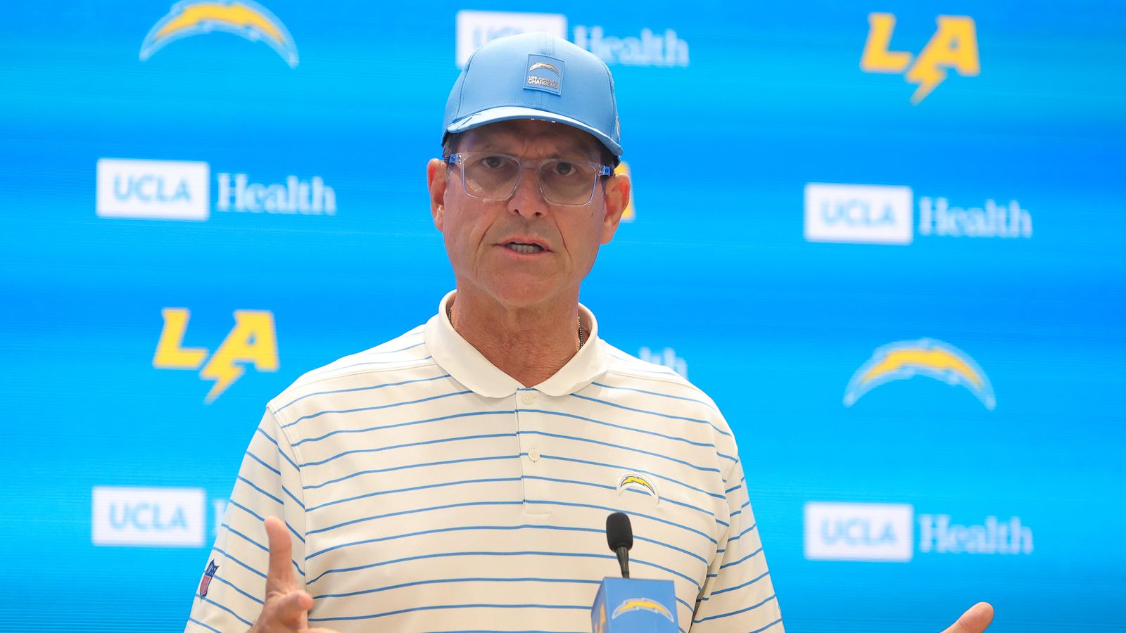 Coach Harbaugh addresses media during Chargers mini camp