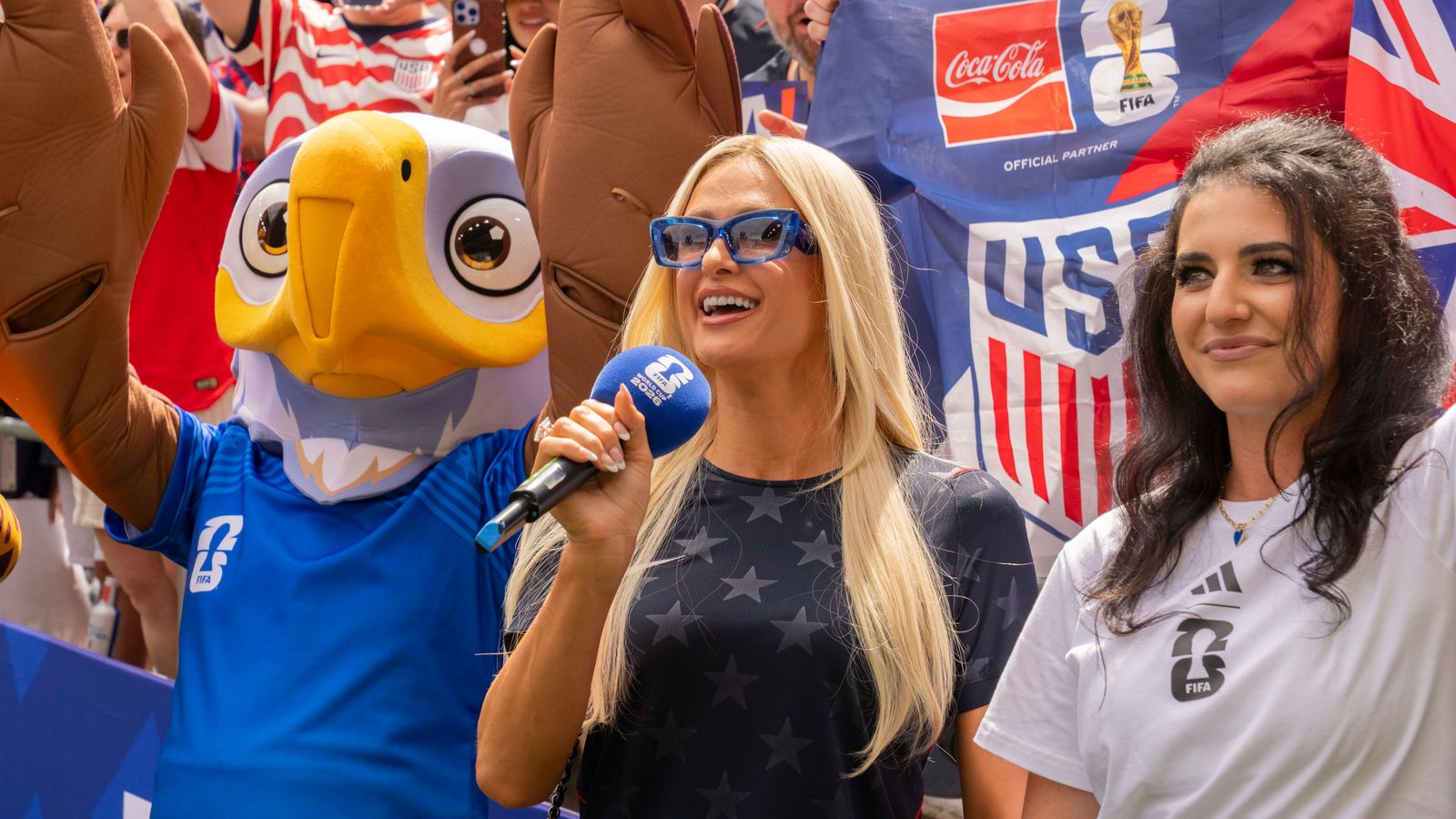 Paris Hilton energizes US fans before the World Cup match in Seattle.