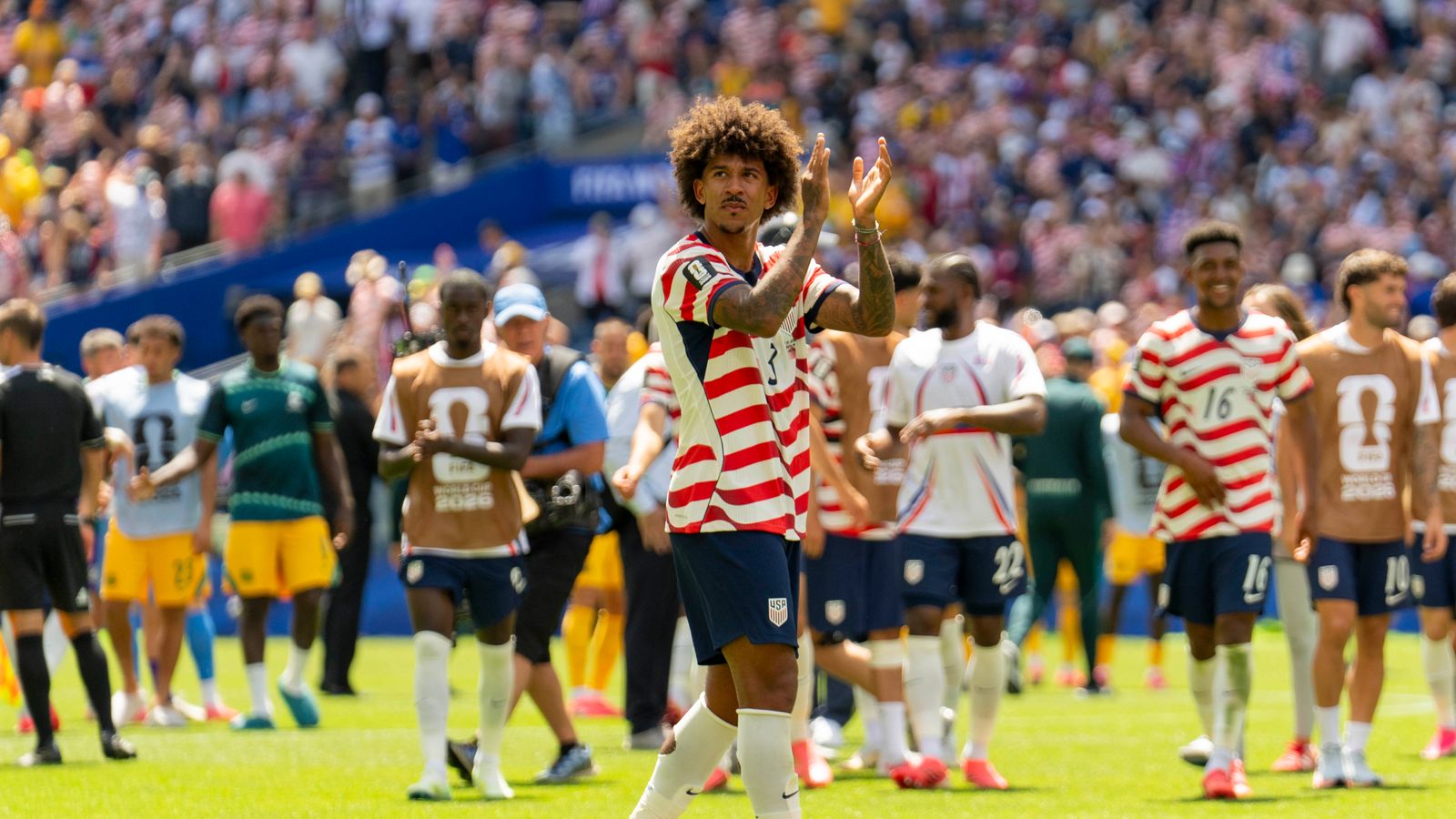 Chris Richards thanks the fans after the World Cup match in Seattle.
