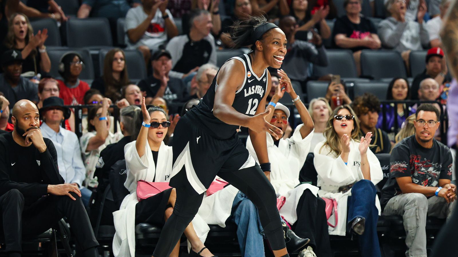 Chelsea Gray celebrates a three-pointer for the Aces.