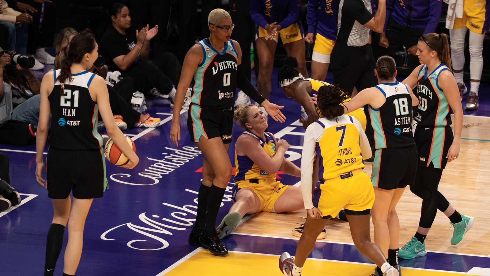 Laura Ziegler celebrates a scoring play against the Liberty
