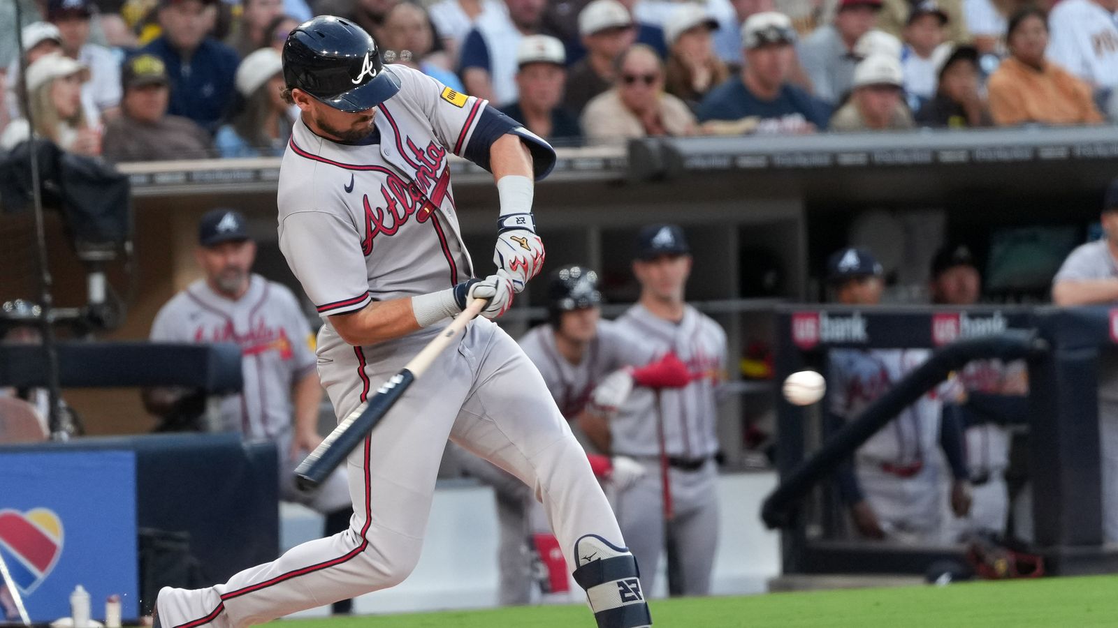 Austin Riley misses a swing at Petco Park