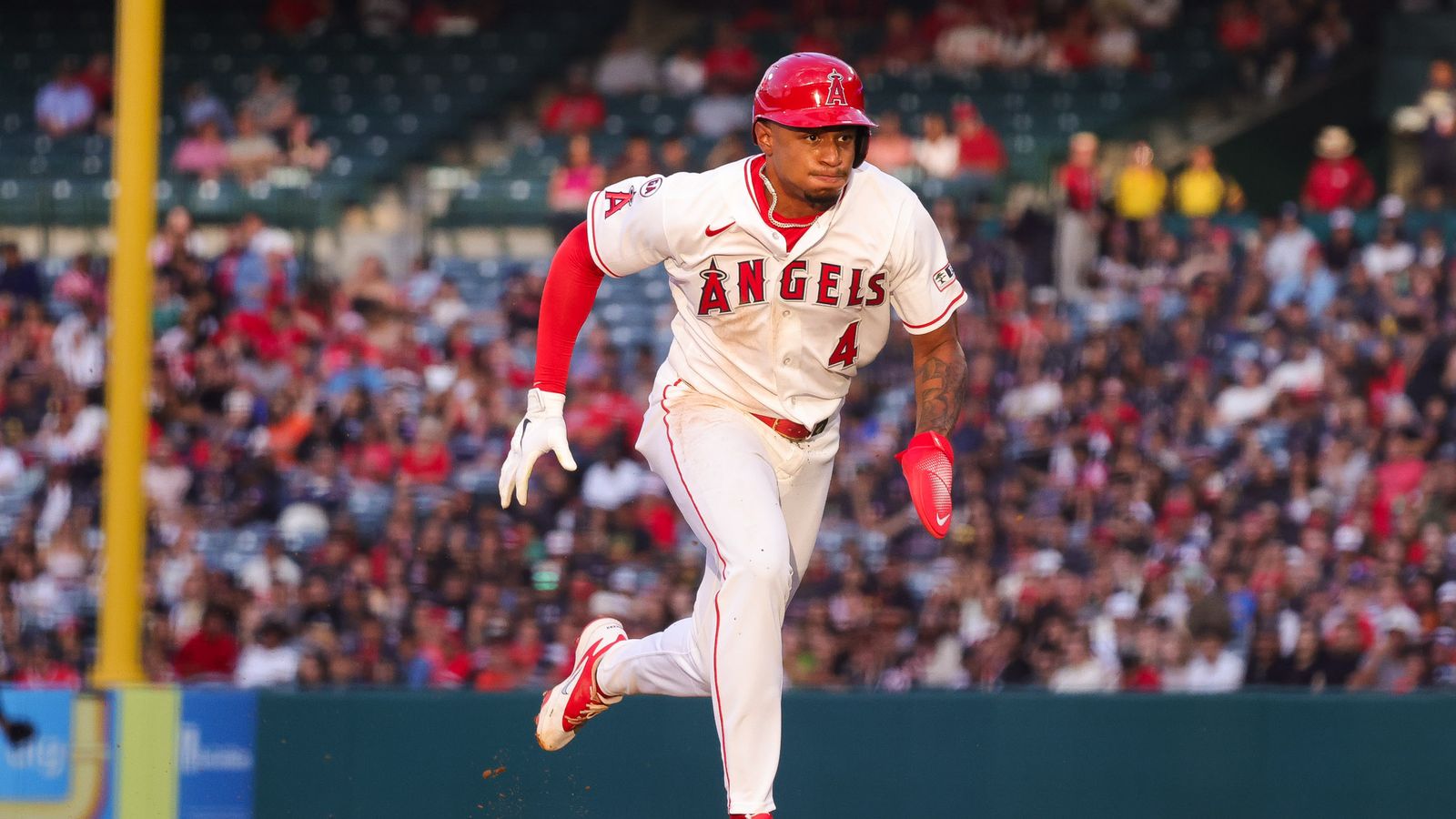 Christian Moore running bases against the Orioles