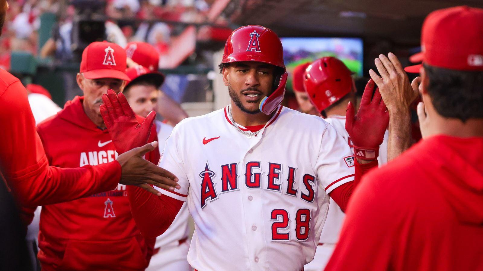 Jose Siri celebrates scoring during the Angels vs. Orioles game