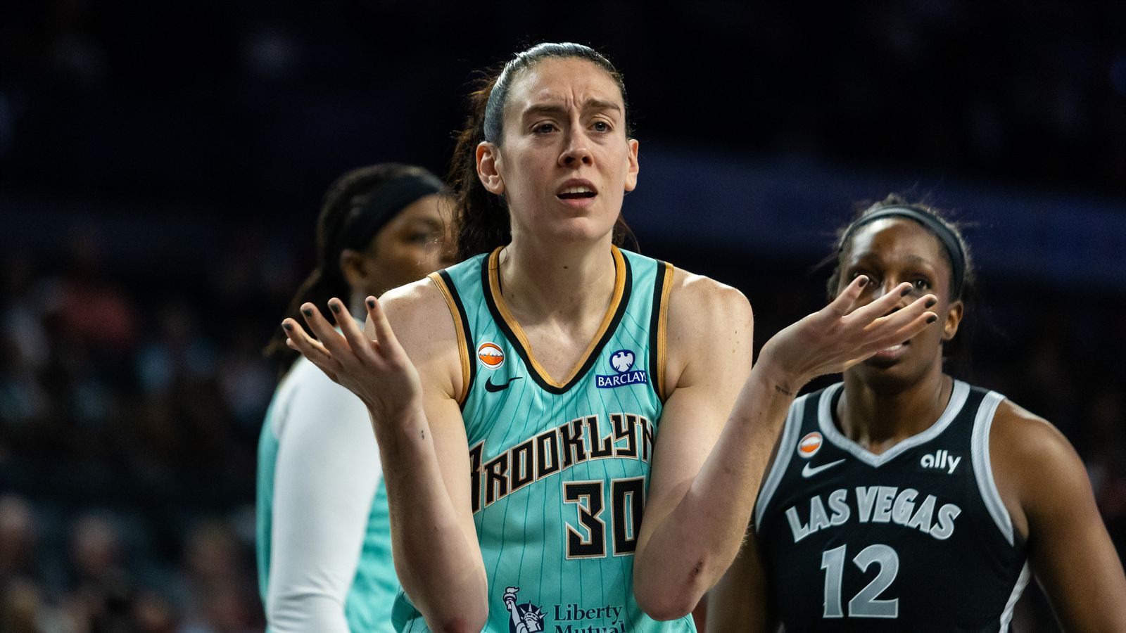 Breanna Stewart disputes a call in the WNBA game vs the Aces.