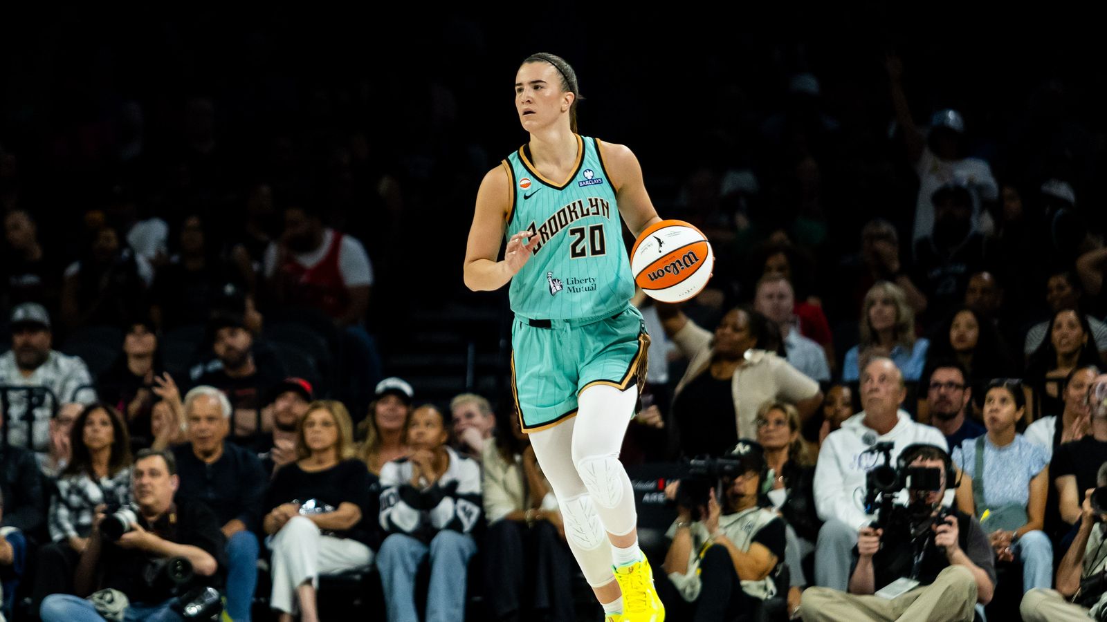 Sabrina Ionescu controls the ball for the Liberty against the Aces.