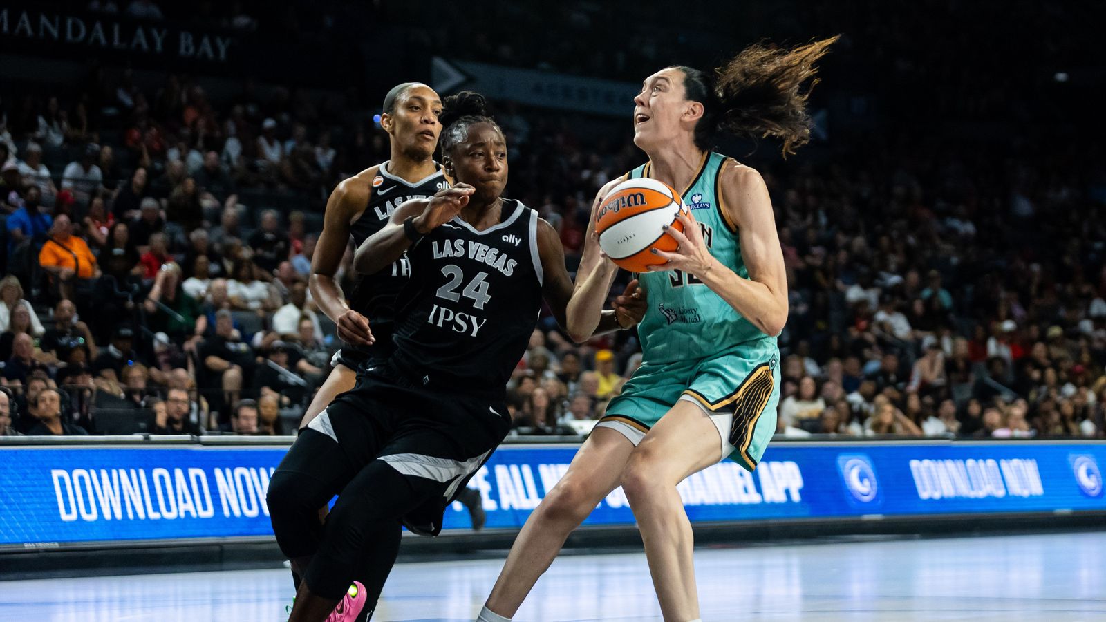 Breanna Stewart looks to score for the Liberty against the Aces.