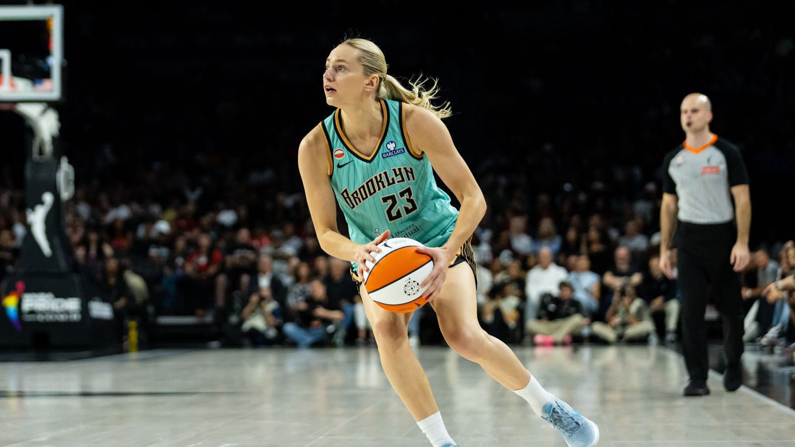 Marine Johannes aims a shot in the WNBA game, Liberty vs Aces.