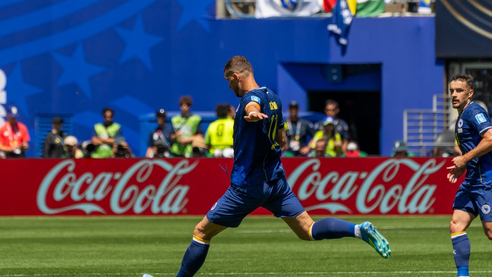 Edin Dzeko takes a shot in the FIFA World Cup match against Qatar.