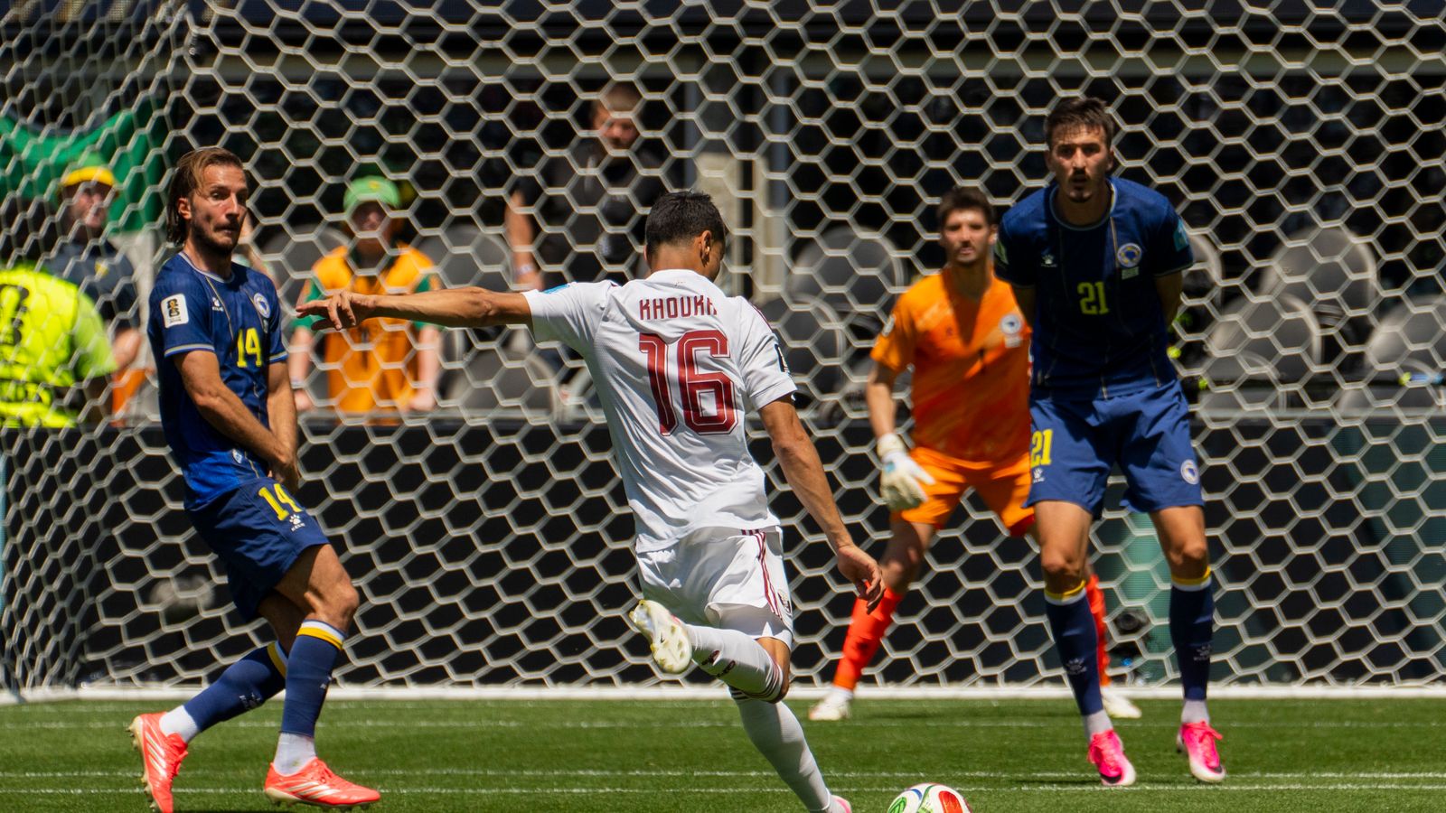 Boualem Khoukhi shoots at goal in the FIFA World Cup 2026.