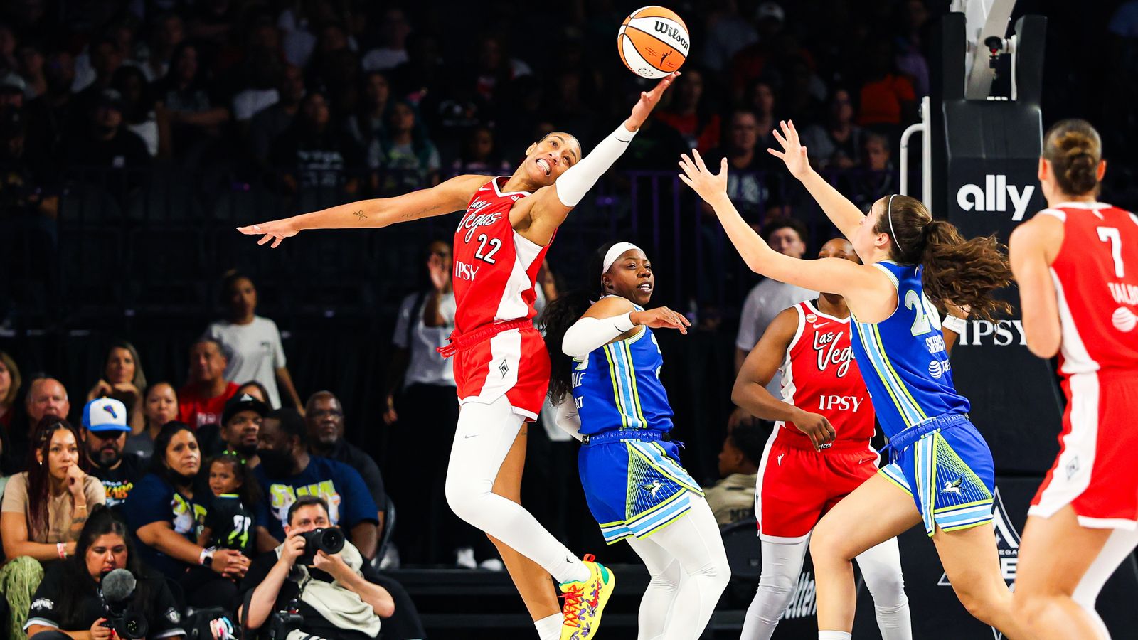 A'ja Wilson goes for a loose ball during the WNBA game.