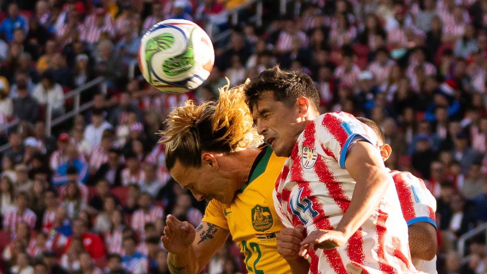 Jackson Irvine heads the ball in the FIFA World Cup 2026