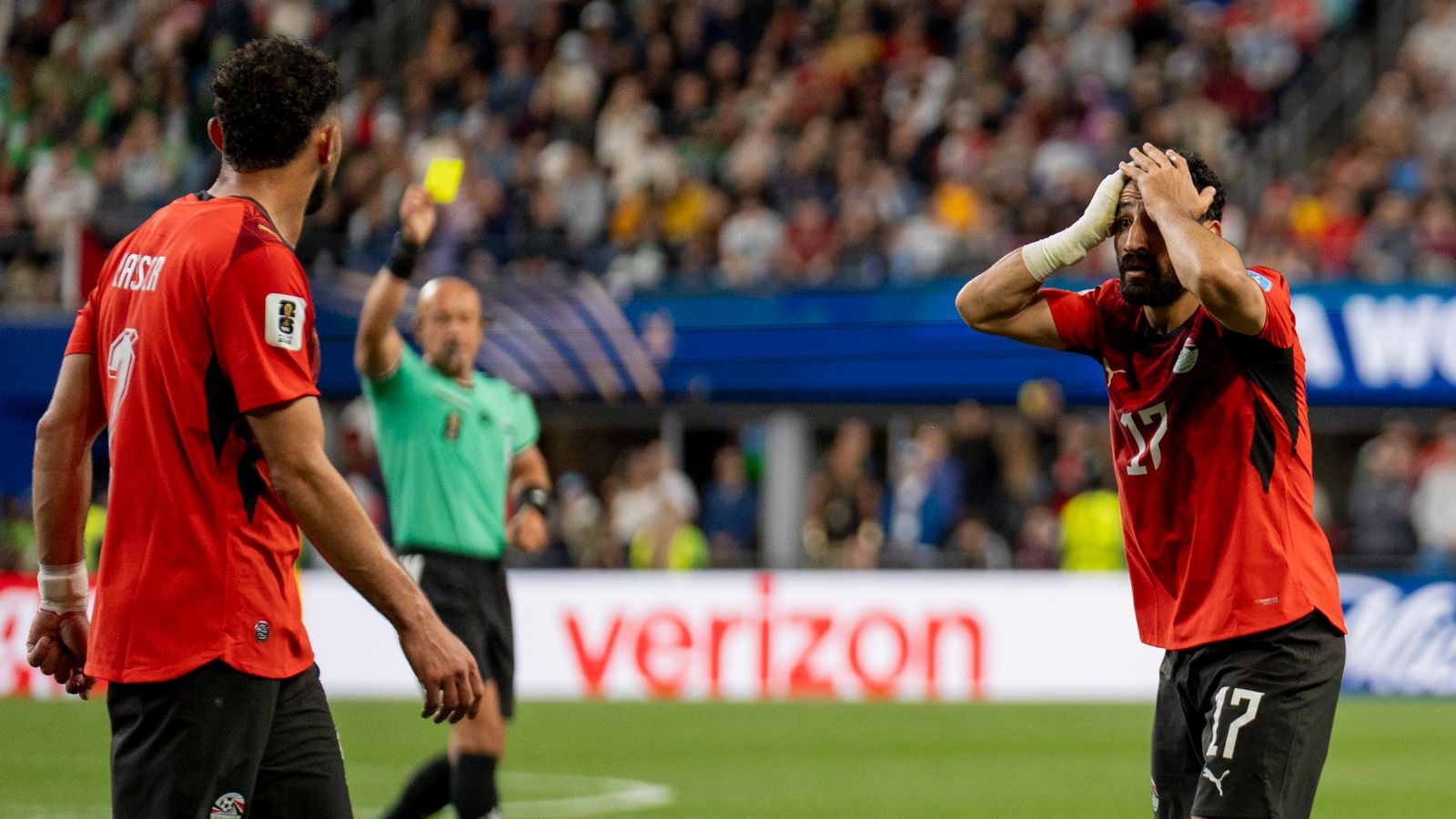 Mohanad Lasheen reacts to yellow card in World Cup match vs. Iran