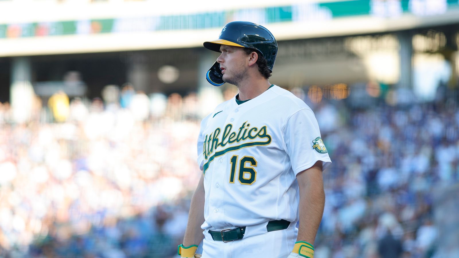 Nick Kurtz #16 of the Athletics ready on deck against the Dodgers