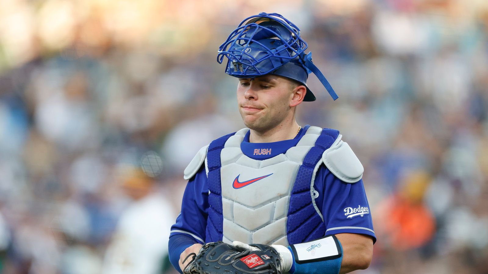 Dalton Rushing #68 reacts during the Dodgers vs Athletics game