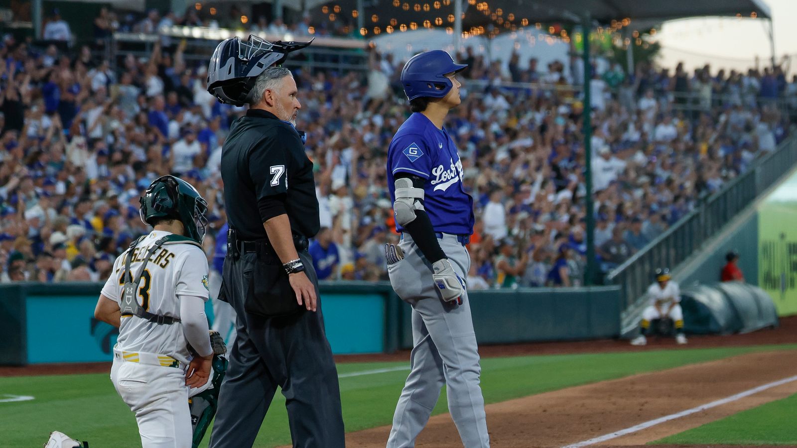 Shohei Ohtani #17 watches his three-run homer fly at Sutter Health Park