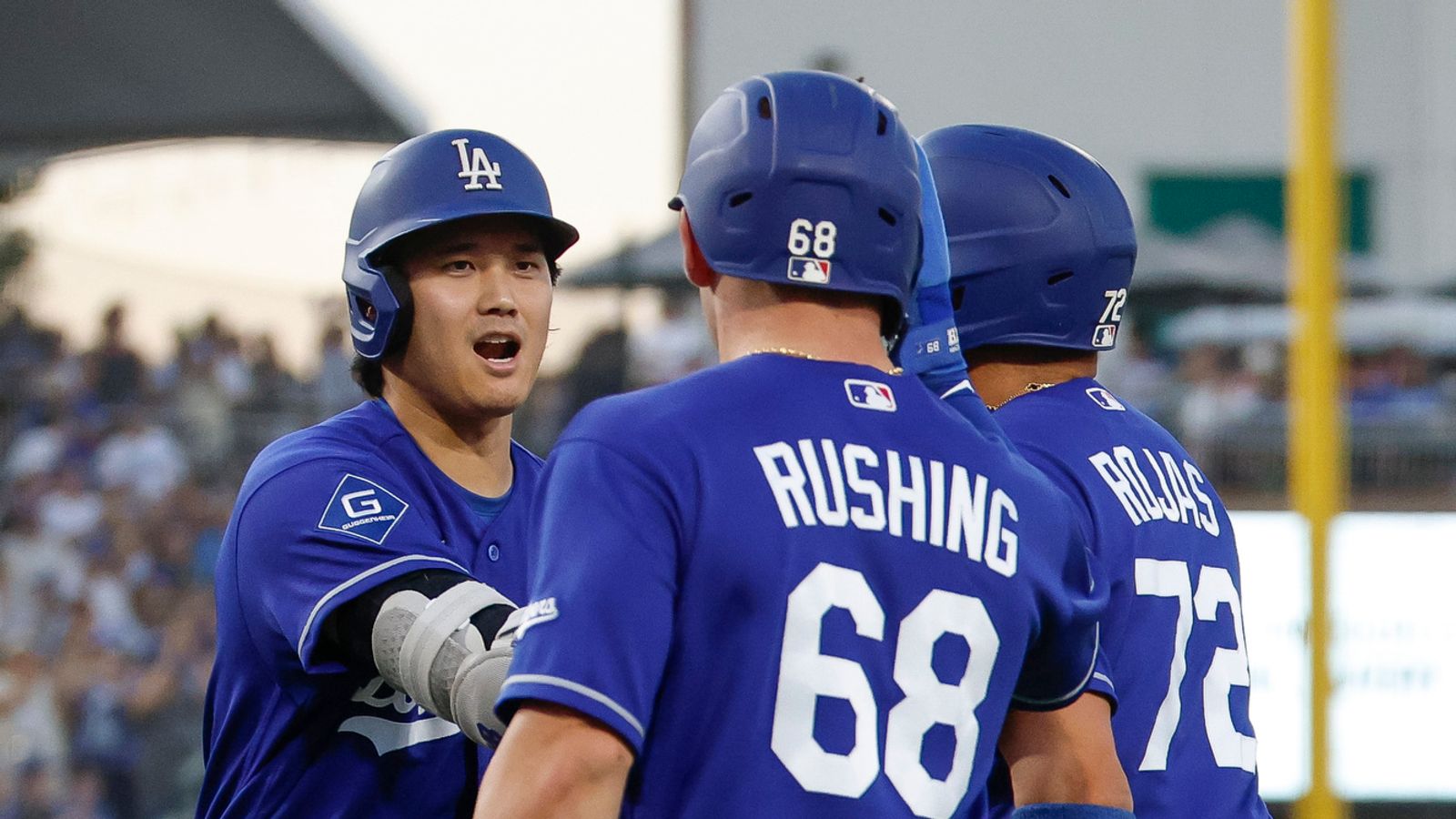 Shohei Ohtani #17 celebrates his three-run homer at Sutter Health Park