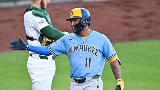 Jackson Chourio celebrates his home run at Las Vegas Ballpark