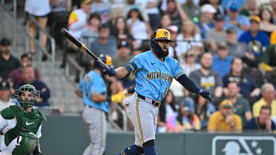 Luis Rengifo swings during the MLB game in Las Vegas