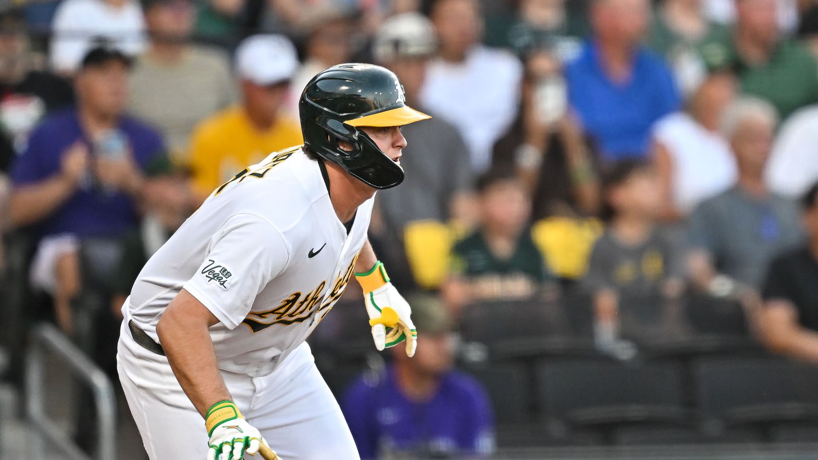 Nick Kurtz hits a single against the Rockies.