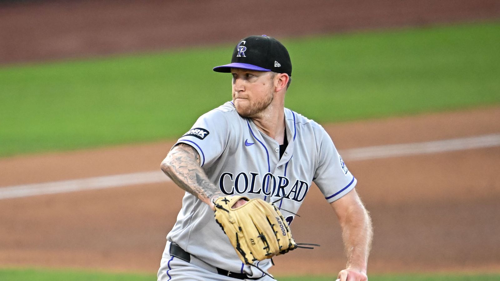 Rockies pitcher in action against the Athletics.
